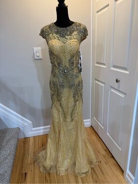 Terani couture Gold lace & Beaded Evening Gown with Cap Sleeves